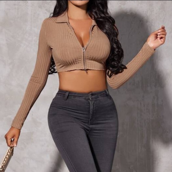 Brown Cropped Zip Up Top - Picture 1 of 6